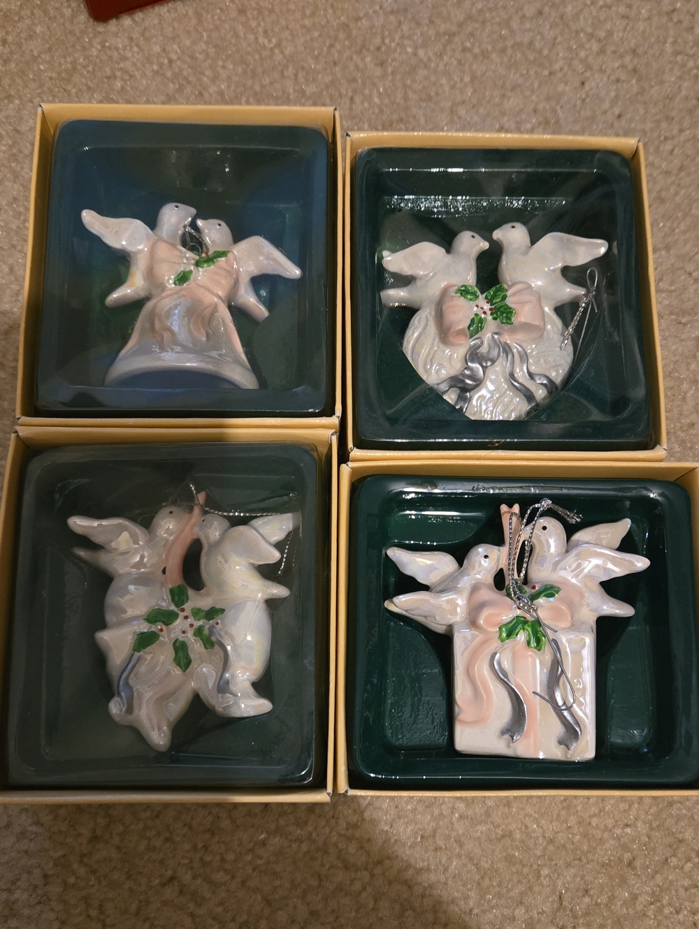 Set Of 4 Vintage Porcelain wedding doves, christmas ornaments from sears Roebuck